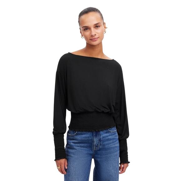 Madewell Black Cinched Long Sleeve Boatneck Blouse Top Size L NWT - Picture 1 of 9